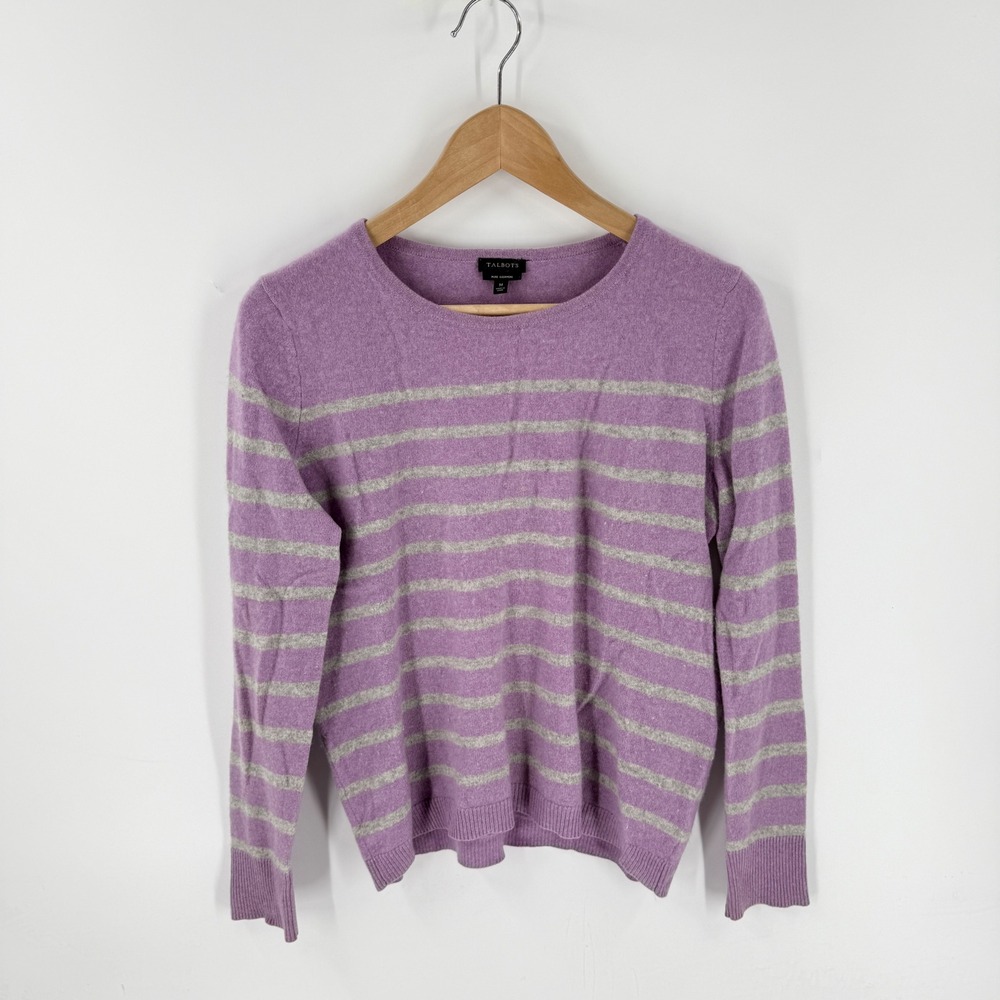 Talbots Cashmere Sweater Purple Grey Striped Medium Crewneck Button Cuff Preppy